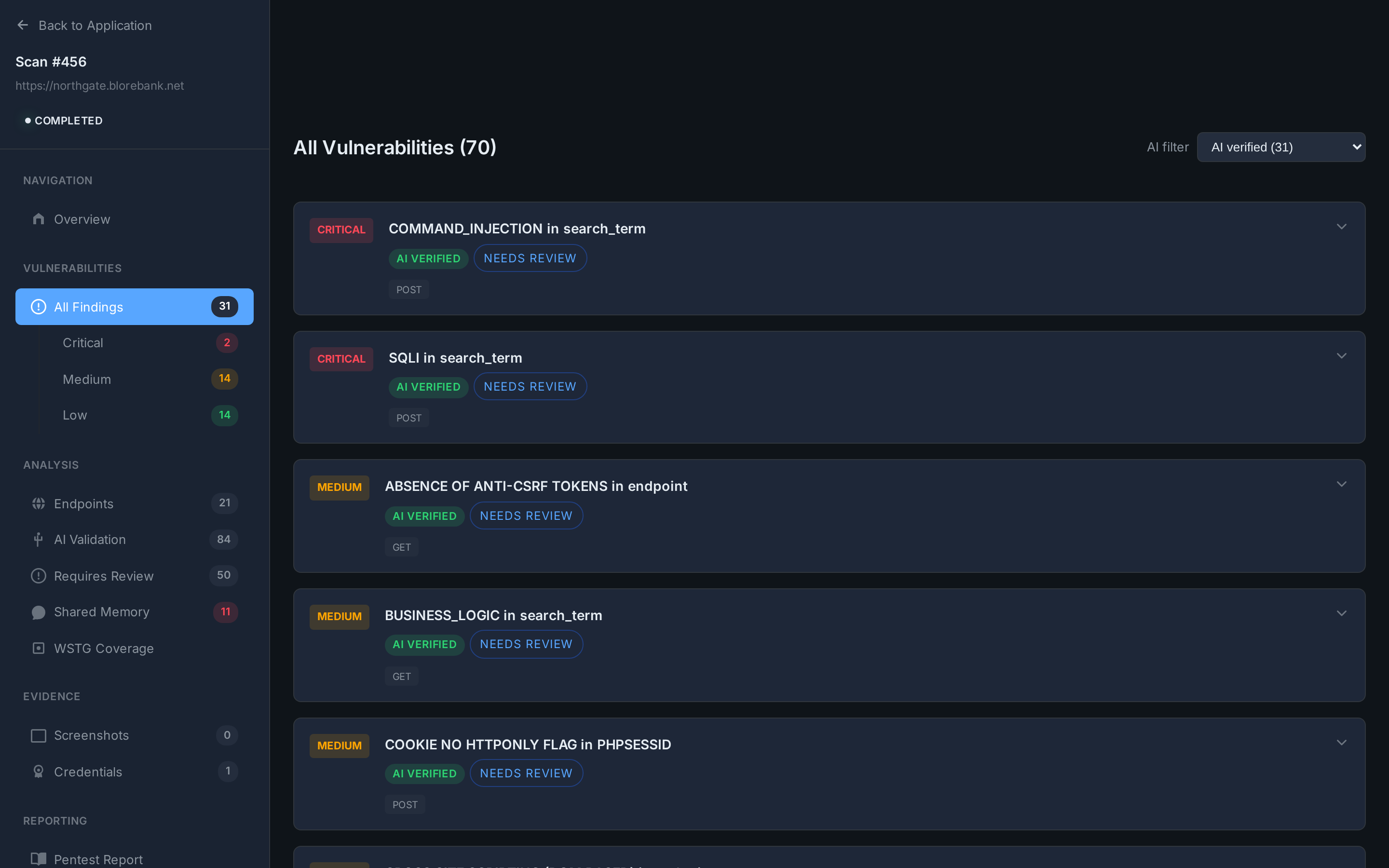PentestPilot vulnerability findings list with AI verified badges, severity ratings, and HTTP method indicators